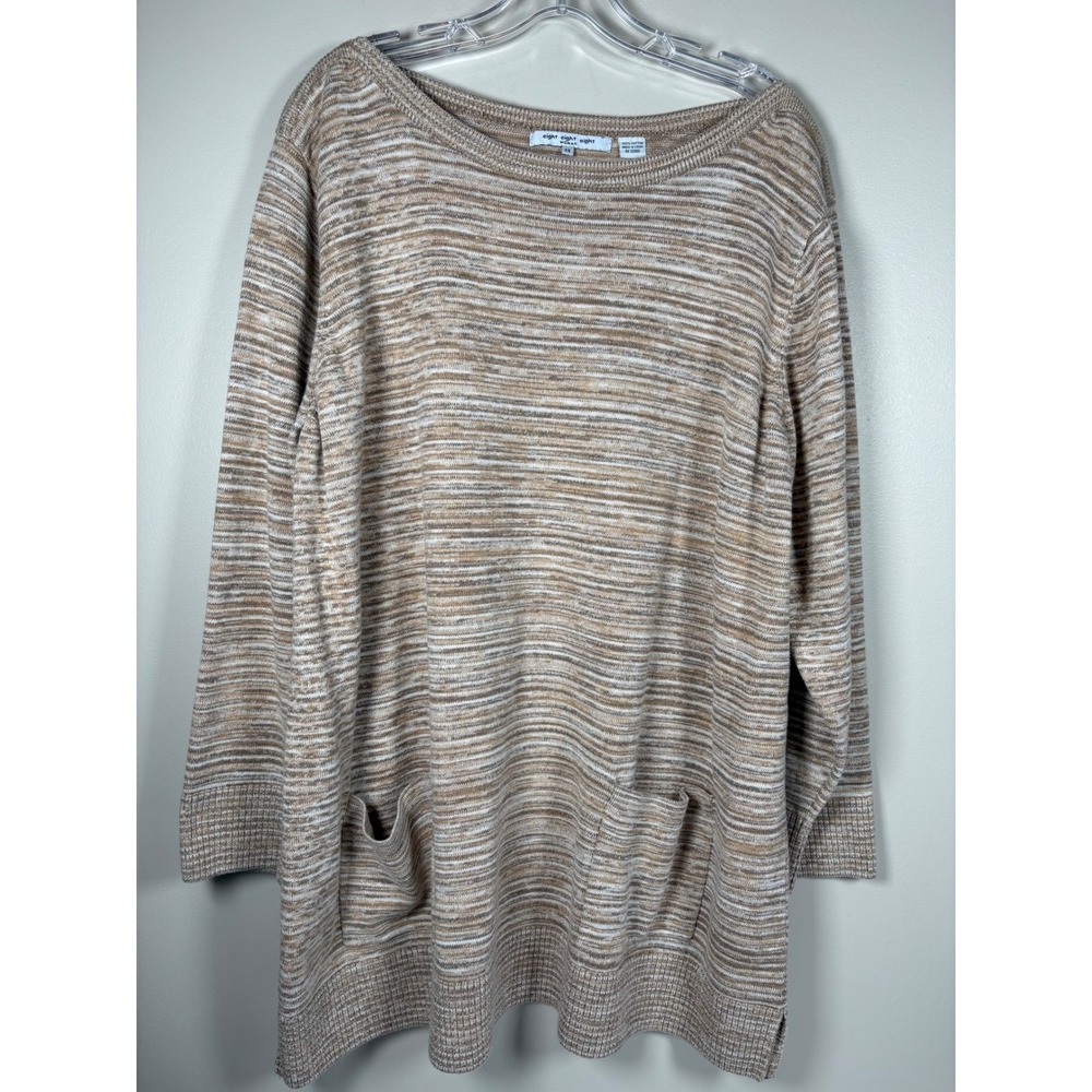 Eight Eight Eight Woman Brown Space Dye Cotton Knit Boat Neck Sweater 3X Pockets